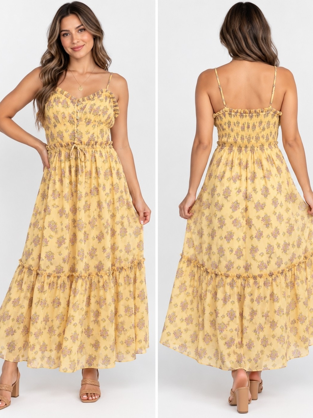 Patrons of Peace Yellow Floral Smocked Button Front Maxi Dress Size M
